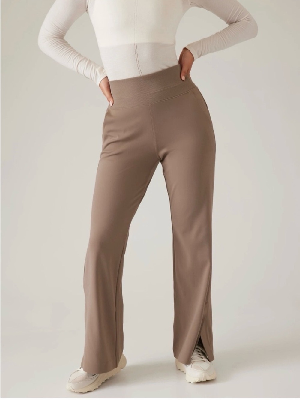 NWT Athleta Venice Flare Pant Taupe/Tan Split Hem. Size Large